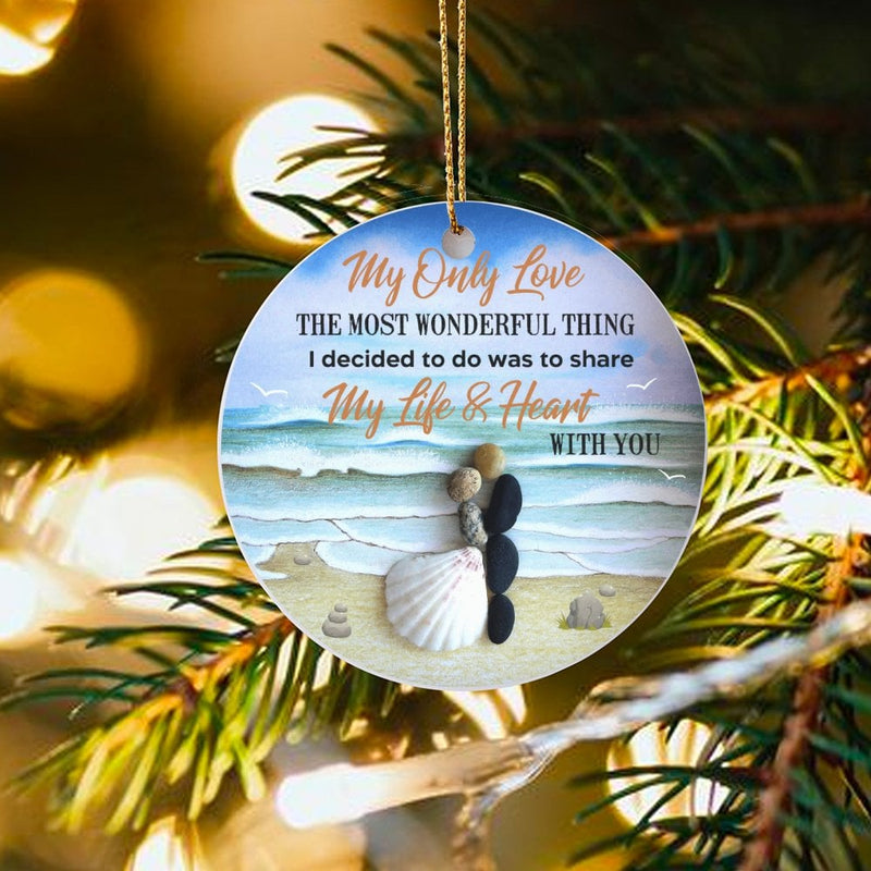 Beach Wedding Ceramic Ornament, Pebble Art Couple Ornament, Love Couple Christmas Ornament, Coastal Anniversary Keepsake, Newlywed Present