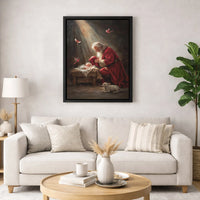 Nativity Scene Cardinals Canvas, Santa Adoring Baby Jesus Canvas Print, Religious Christmas Art Canvas, Holy Night Winter Holiday Decor