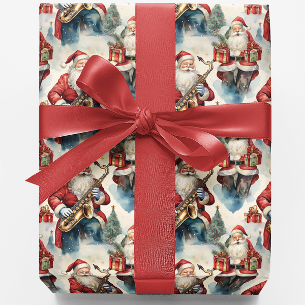 Vintage Jazz Christmas Wrapping Paper, Saxophone Santa Gift Wrap, Musician Holiday Gift Wrap, Retro Santa Present Paper, Musi