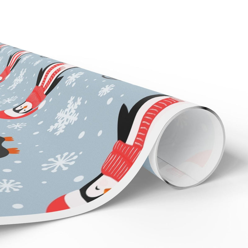 Winter Red Scarf Penguin Gift Wrap Roll, Adorable Penguin Wrapping Paper, Christmas Holiday Wrapping Paper