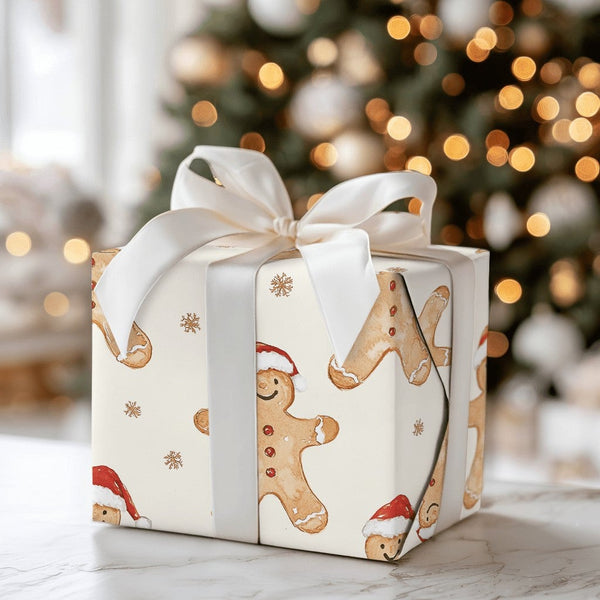 Adorable Christmas Cookie Gift Wrap, Watercolor Santa Hat Gingerbread Wrapping Paper, Holiday Snowflake Wrapping Paper, Winte