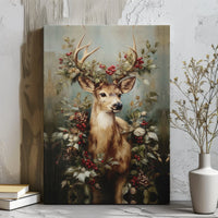 Vintage Christmas Deer Canvas Print, Deer with Holly Berries Canvas Wall Art, Woodland Deer Wall Art, Digital Download Rustic Deer Poster