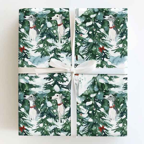 Snowy Forest Dog Gift Wrap, Watercolor Greyhound Wrapping Paper, Sighthound Winter Christmas Gift Wrapping Paper, Holiday Pre