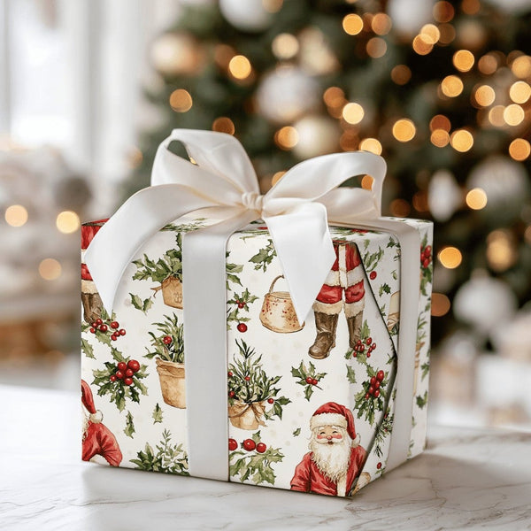 Watercolor Holly Holiday Gift Wrap, Vintage Santa Lantern Christmas Wrapping Paper, Traditional Santa Wrapping Paper, Winter 