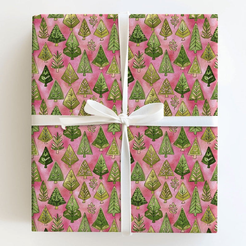 Green Trees Pink Gift Wrap, Watercolor Tree Christmas Wrapping Paper, Whimsical Holiday Tree Wrapping Paper, Festive Winter Wrapping Paper
