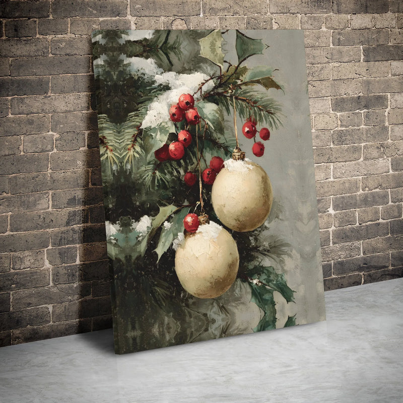 Festive Holly Berry Oil Painting Wall Art, Vintage Christmas Ornament Canvas Print, Holiday Canvas Poster, Winter Home Decor Present