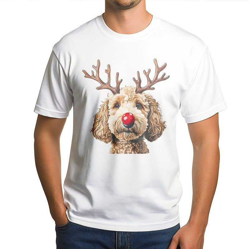 Reindeer Antlers Dog Shirt, Goldendoodle Christmas T-Shirt, Adorable Doodle Holiday Graphic Tee, Red Nose Puppy Tee, Xmas Dog Lover Shirt