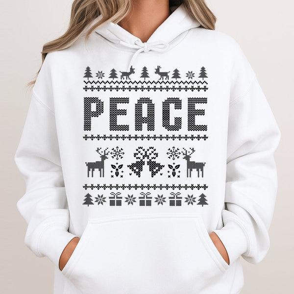 Nordic Reindeer Holiday Hooded Sweatshirt, Peace Ugly Christmas Hoodie, Retro Xmas Graphic Hoodie, Festive Family Matching Pu