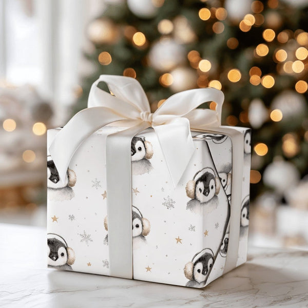Adorable Watercolor Winter Animal Gift Wrap, Baby Penguin Christmas Wrapping Paper, Snowflake Holiday Wrapping Paper, Festive