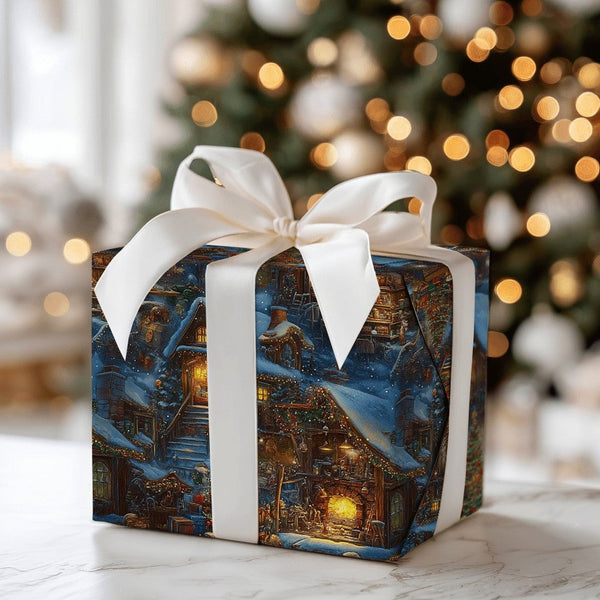 Snowy Cabin Holiday Gift Wrap, Night Christmas Village Wrapping Paper, Winter Wonderland Wrapping Paper, Comfy Festive Presen