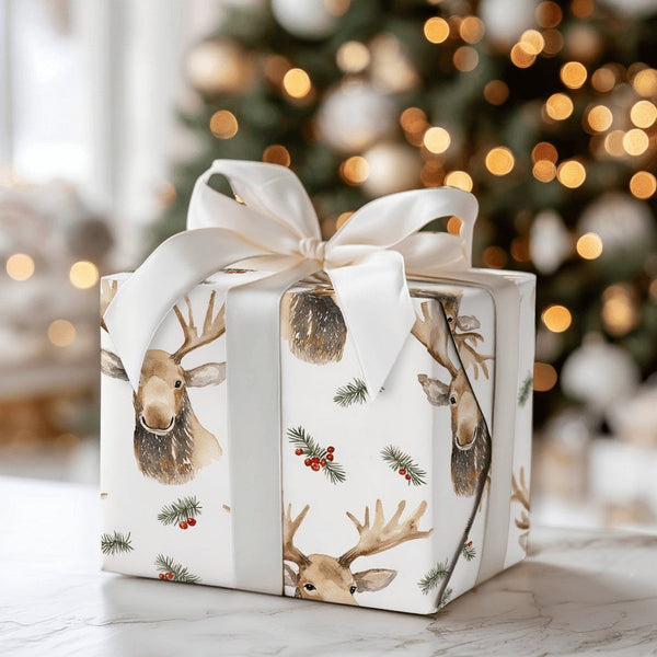 Rustic Woodland Moose Gift Wrap, Watercolor Moose Christmas Wrapping Paper, Wildlife Holiday Wrapping Paper, Festive Winter G
