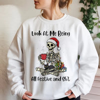 Festive Cat Lover Skeleton Sweater, Humorous Christmas Skeleton Sweatshirt, Spooky Xmas Skeleton Crewneck, Retro Winter Holiday Sweatshirt