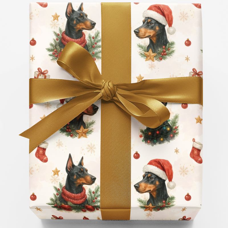 Festive Holiday Dog Pattern Gift Wrap, Doberman Christmas Wrapping Paper, Winter Xmas Present Paper Roll, Dog Lover Present Supplies