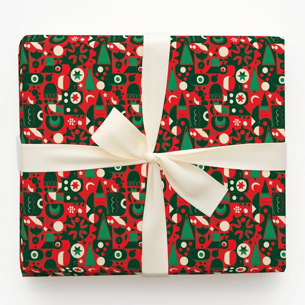 Modern Folk Art Gift Wrap, Geometric Christmas Wrapping Paper, Abstract Tree and Star Wrapping Paper, Red Scandinavian Xmas G