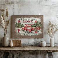 Vintage Red Truck Canvas Print, All Hearts Come Home for Christmas Canvas Wall Art, Holiday Cardinal Wall Decor, Farmhouse Xmas Canvas