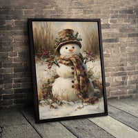 Vintage Winter Holiday Painting Print, Rustic Snowman Canvas Wall Art, Snowy Farmhouse Christmas Wall Decor, Seasonal Digital Download