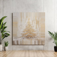 Painterly Snowy Pine with Star Painting, Golden Christmas Tree Square Canvas, Festive Holiday Canvas Print, Winter Stretched Wall Art Decor