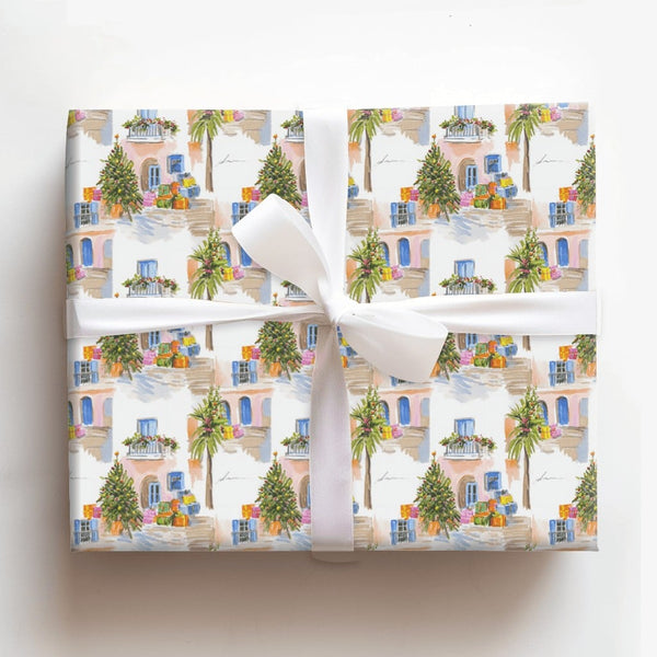 Coastal Village Holiday Gift Wrap, Mediterranean Christmas Wrapping Paper, Watercolor European Town Wrapping Paper