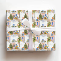 Coastal Village Holiday Gift Wrap, Mediterranean Christmas Wrapping Paper, Watercolor European Town Wrapping Paper