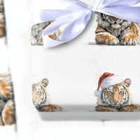 Watercolor Tiger Gift Wrap, Tiger Cub Christmas Wrapping Paper, Santa Hat Animal Wrapping Paper, Adorable Holiday Gift Wrap Roll