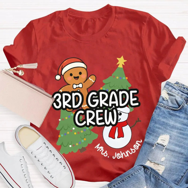 Snowman Tree Custom Holiday Shirt, Personalized Third Grade Crew Christmas T-Shirt, 3rd Grade Teacher Tee, Custom School Christmas Shirt