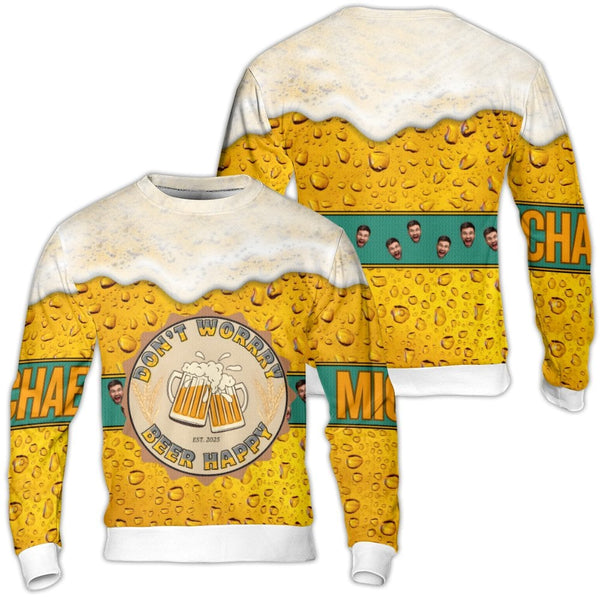 Personalized Beer Happy Sweater, Custom Face Beer Ugly Christmas Sweater, Humorous Drinking Holiday Sweatshirt, Beer Lover Xm