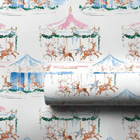 Whimsical Holiday Gift Wrap, Watercolor Reindeer Carousel Wrapping Paper, Festive Winter Festival Paper, Adorable Christmas Present Gift Wrap