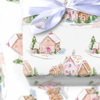 Watercolor Christmas Village Wrapping Paper, Pink Gingerbread House Gift Wrap, Sweet Holiday Village Gift Wrapping Paper, Adorable Present Wrap