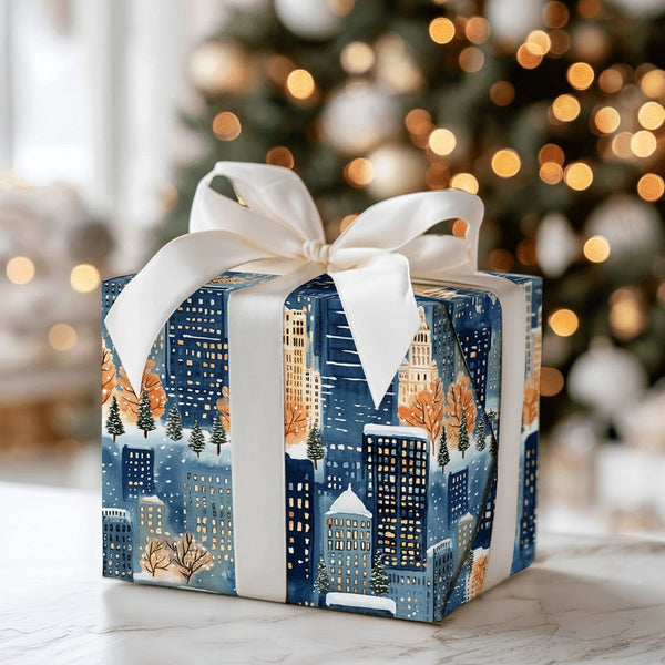 Snowy Night City Gift Wrap, Winter Cityscape Wrapping Paper, Watercolor Urban Skyline Wrapping Paper, Comfy Christmas Holiday