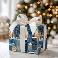 Snowy Night City Gift Wrap, Winter Cityscape Wrapping Paper, Watercolor Urban Skyline Wrapping Paper, Comfy Christmas Holiday Gift Wrap Roll