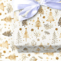 Watercolor Christmas Tree Gift Wrap, Rustic Pine Tree Wrapping Paper, Gold Star Holiday Wrapping Paper, Winter Present Wrapping Paper