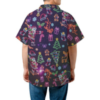 Neon Christmas Skateboarding Button Up Shirt, Dabbing Santa Hawaiian Shirt, Humorous Holiday Aloha Shirt, Retro Winter Party Tropical Shirt