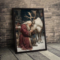 Nostalgic Christmas Oil Painting Canvas Print, Santa Claus and Reindeer Canvas Wall Art, Vintage Holiday Canvas Decor, Santa Christmas Present