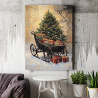Snowy Tree and Presents Painting, Vintage Christmas Sleigh Canvas Print, Holiday Season Wall Art Poster, Winter Decor, Digital Download