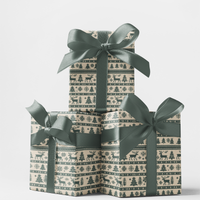Reindeer Pine Tree Wrapping Paper, Nordic Christmas Gift Wrap, Scandi Holiday Gift Wrap Roll, Winter Christmas Present Paper