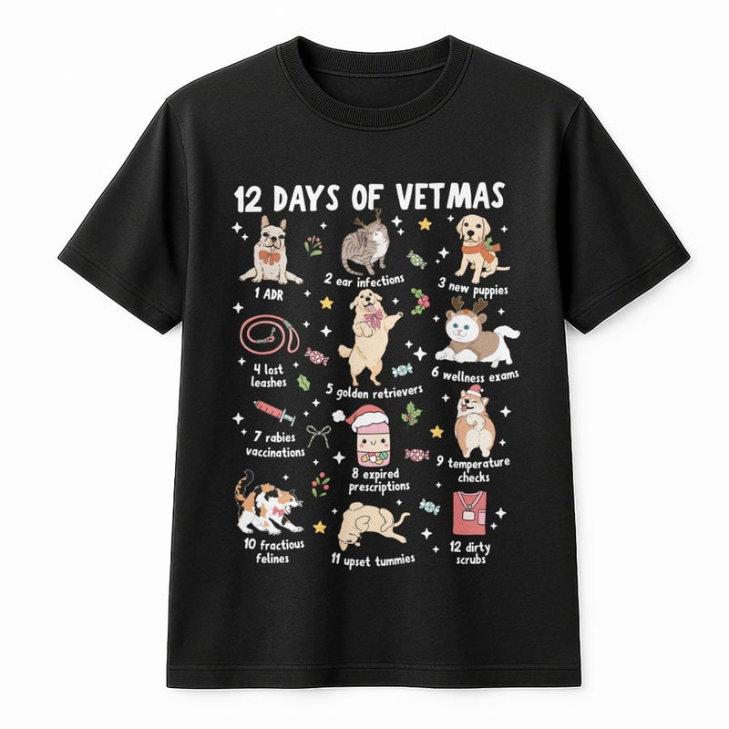 Humorous Veterinary Technician Christmas Shirt, 12 Days of Vetmas T-Shirt, Vet Tech Holiday Graphic Tee, Veterinary Staff Xmas T-Shirt Present