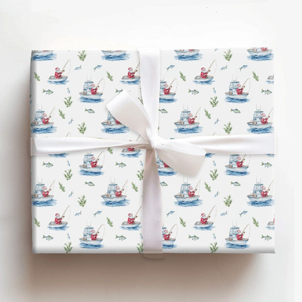Nautical Boat Christmas Gift Wrap, Fishing Santa Wrapping Paper, Watercolor Angler Holiday Wrapping Paper, Whimsical Ocean Sa