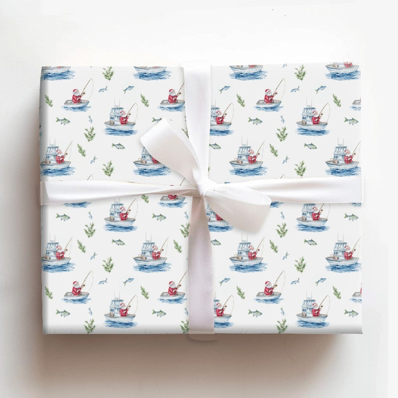 Nautical Boat Christmas Gift Wrap, Fishing Santa Wrapping Paper, Watercolor Angler Holiday Wrapping Paper, Whimsical Ocean Santa Gift Wrap
