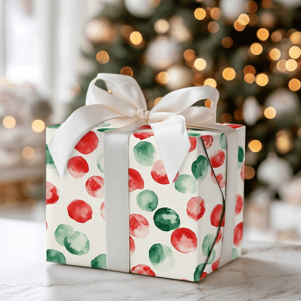 Watercolor Holiday Gift Wrap Roll, Red and Green Polka Dot Christmas Wrapping Paper, Abstract Dot Present Paper, Festive Xmas