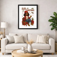 Comfy Coffee Holiday Canvas Print, Hello Christmas Black Girl Canvas Wall Art, Festive Winter Woman Canvas Decor, Xmas Present