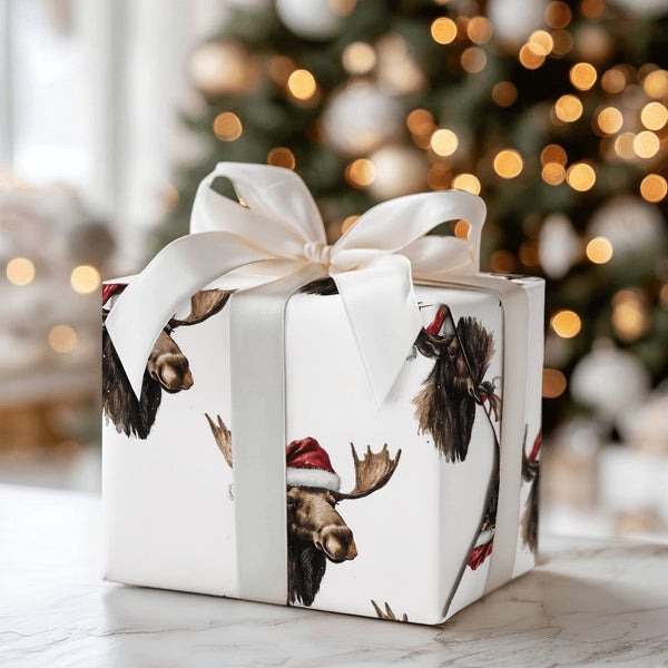 Santa Hat Moose Gift Wrap, Christmas Moose Wrapping Paper, Rustic Winter Holiday Wrapping Paper, Adorable Animal Festive Wrap