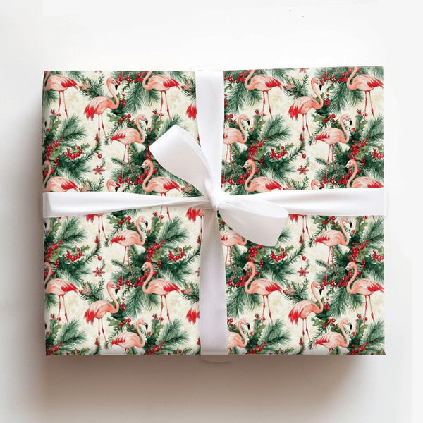 Tropical Holiday Gift Wrap, Pink Flamingo Christmas Wrapping Paper, Adorable Flamingo Wrapping Paper, Winter Holly Gift Wrap,