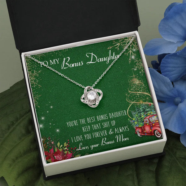 14k White Gold Love Knot Necklace, Bonus Daughter Love Knot Necklace, Message Card Pendant Necklace, Christmas Holiday Presen
