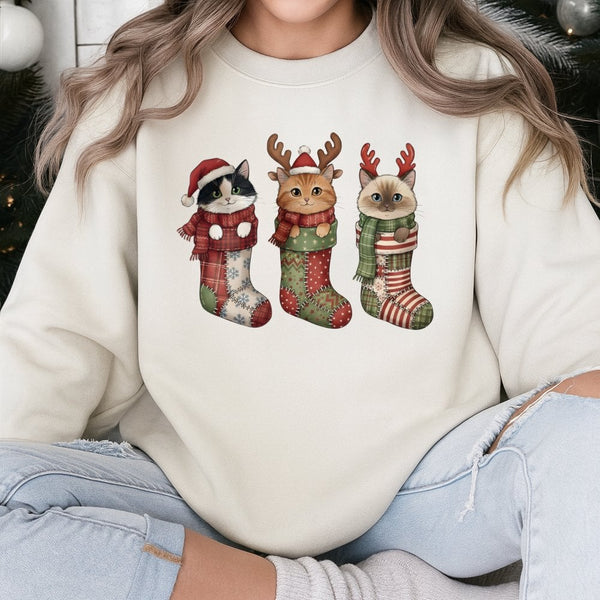 Adorable Kittens Holiday Stocking Sweater, Christmas Cat Sweatshirt, Festive Xmas Crewneck, Cat Lover Graphic Pullover, Holid