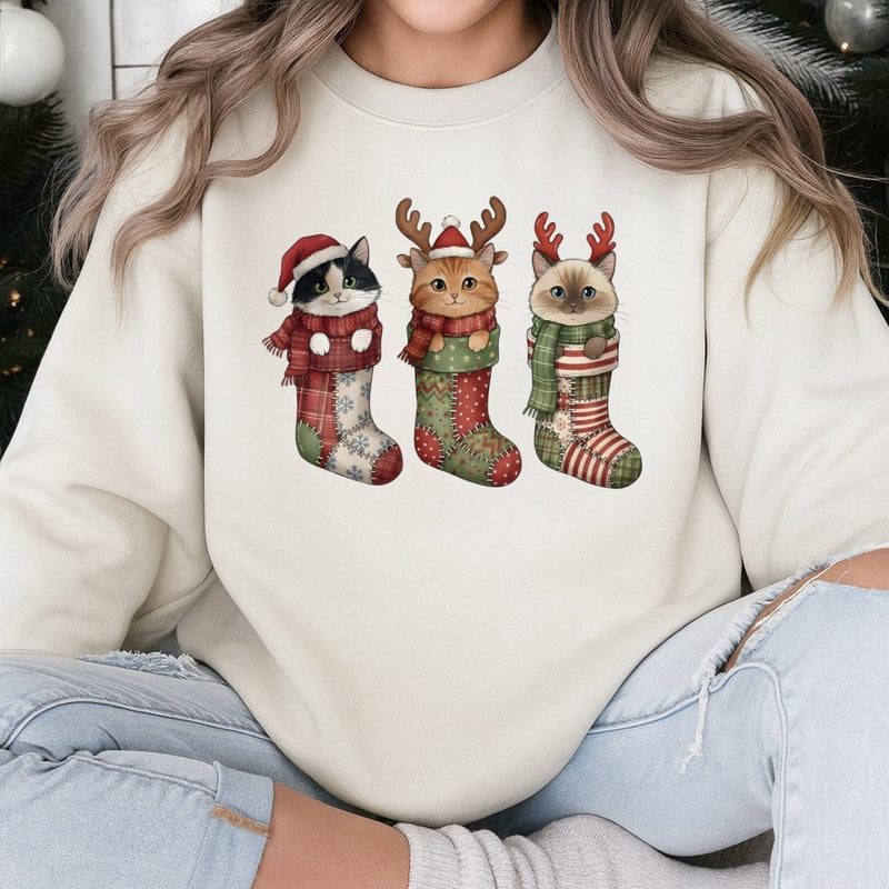 Adorable Kittens Holiday Stocking Sweater, Christmas Cat Sweatshirt, Festive Xmas Crewneck, Cat Lover Graphic Pullover, Holiday Present