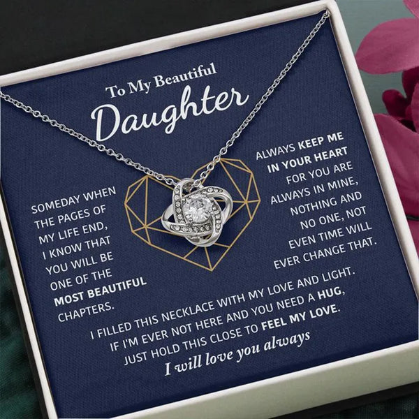 Daughter Message Jewelry, To My Daughter Love Knot Necklace, 14k White Gold Love Knot Pendant, Meaningful Birthday Present, C