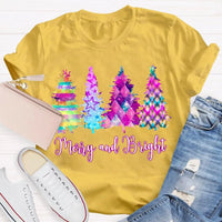 Colorful Tie-Dye Holiday T-Shirt, Merry and Bright Christmas Tree Shirt, Retro Christmas Graphic Tee, Festive Holiday Season Shirt