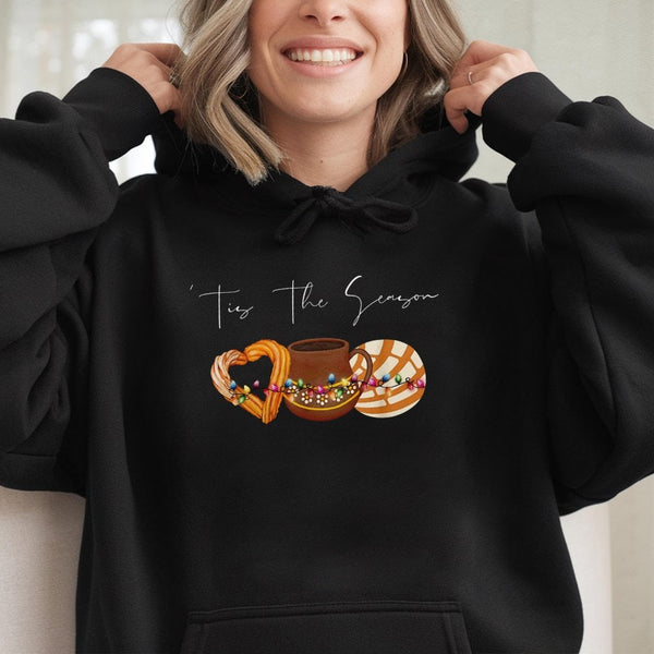 Concha Churro Hot Chocolate Hooded Sweatshirt, Tis the Season Mexican Christmas Hoodie, Pan Dulce Holiday Sweater, Mexican Fo