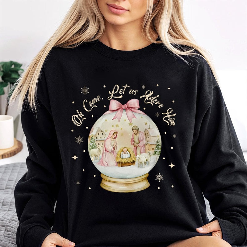 Christian Nativity Snow Globe Crewneck, Oh Come Let Us Adore Him Sweatshirt, Faith Christmas Sweater, Religious Holiday Pullover Present