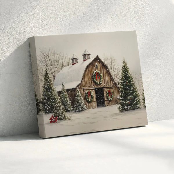 Snowy Winter Farmhouse Canvas, Christmas Barn Canvas Wall Art, Rustic Holiday Evergreen Canvas Print, Country Home Decor, Dig